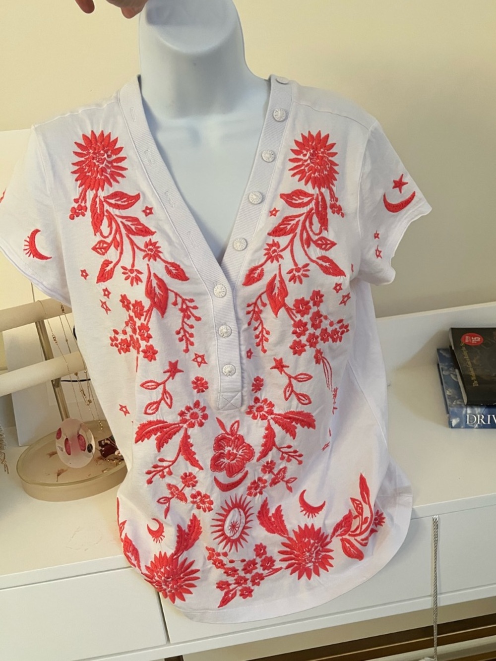 Johnny Was White Short-Sleeve V-Neck Top with Orange  Floral Embroidery